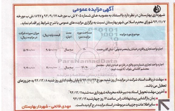 آگهی مزایده عمومی,مزایده اجاره واحد تجاری 94.12.1