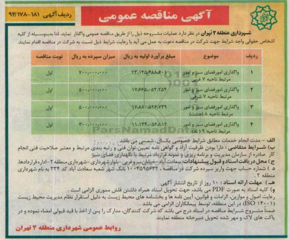 آگهی مناقصه عمومی,مناقصه واگذاری امور فضای سبز و..  
