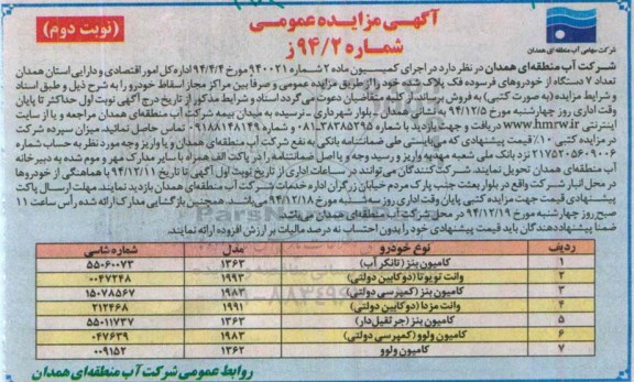آگهی مزایده عمومی, مزایده تعداد 7 دستگاه از خودروهای فرسوده فک پلاک شده- نوبت دوم 