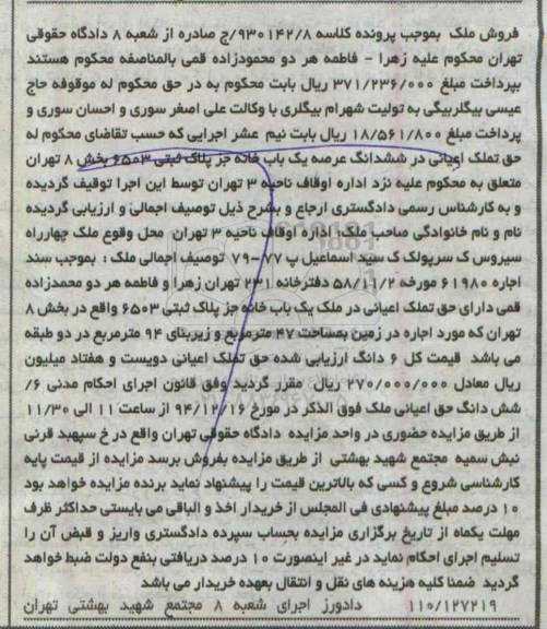 مزایده,مزایده کلاسه 930142.8 ششدانگ عرصه یک باب خانه بخش 8