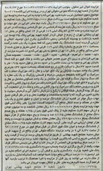 مزایده,مزایده کلاسه 900219 ششدانگ زمین به صورت خانه دویست و بیست متر