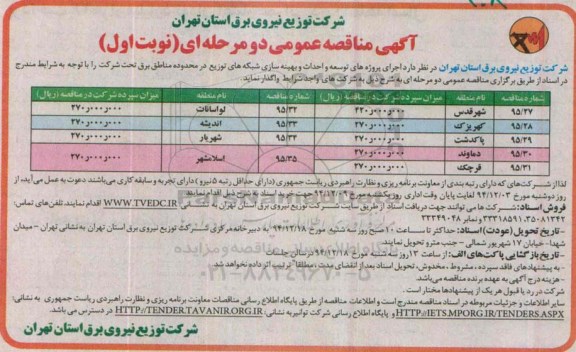 مناقصه , مناقصه احداث و بهینه سازی شبکه های توزیع در محدوده مناطق برق تحت شرکت  نوبت اول 