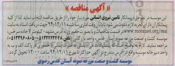 مناقصه , مناقصه تامین نیروی انسانی