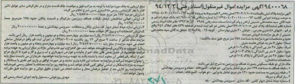 مزایده,مزایده پلاک ثبتی باقی مانده اسناد رهنی به شماره بایگانی 9400068