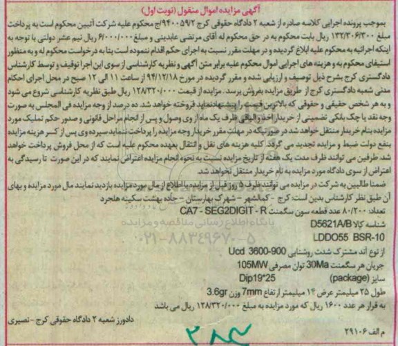 مزایده, مزایده تعداد 80.200 عدد قطعه سون سگمنت