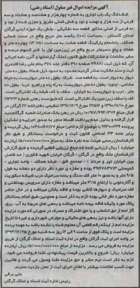 مزایده,مزایده ششدانگ یکباب تجاری بخش یک حوزه ثبتی گرگان استان گلستان