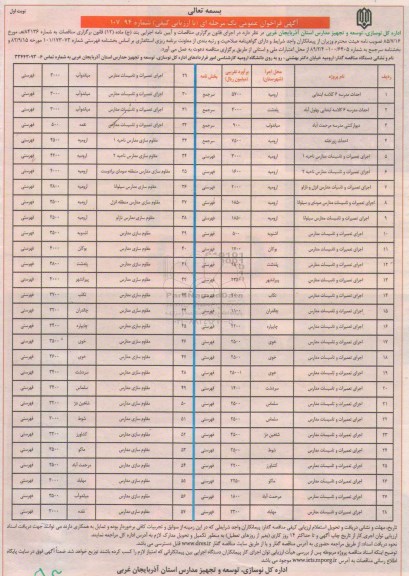 آگهی فراخوان عمومی یک مرحله ای با ارزیابی کیفی,فراخوان احداث مدرسه 6 کلاسه ابتدایی و ... 