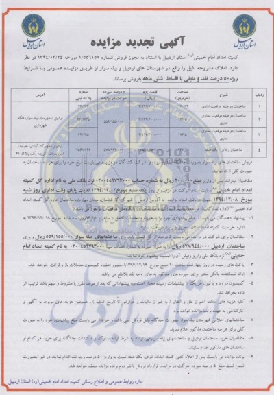 مزایده,مزایده فروش املاک در شهرستان های اردبیل و بیله سوار تجدید