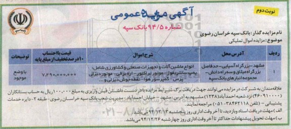 آگهی مزایده عمومی, مزایده اموال تملیکی از قبیل انواع ماشین آلات و تجهیزات صنعتی و کشاورزی نوبت دوم