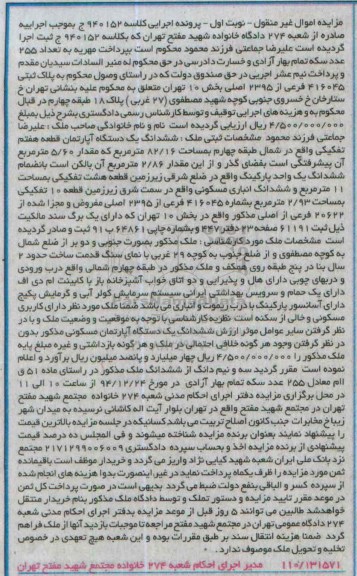 مزایده,مزایده کلاسه 940152 ششدانگ اپارتمان قطعه 7 تفکیکی در شمال طبقه 4