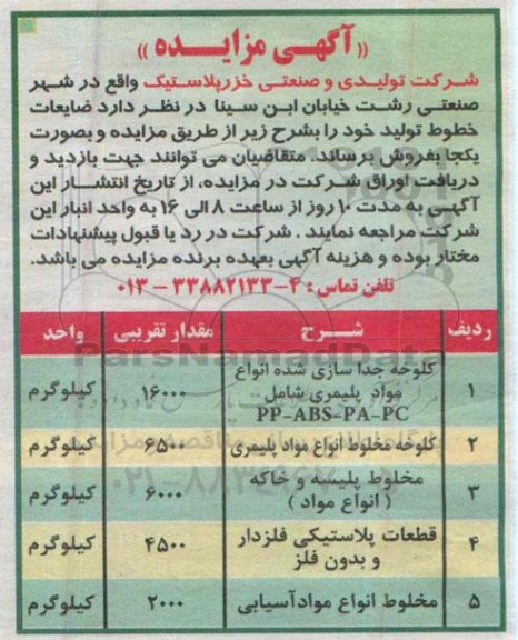 مزایده , مزایده ضایعات خطوط تولید