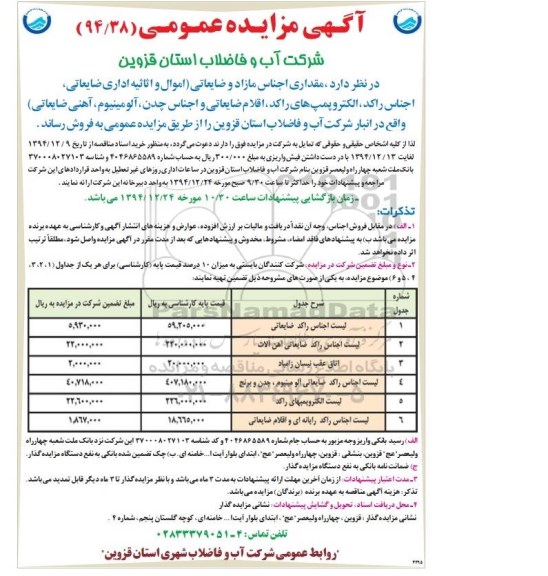 آگهی مزایده عمومی, مزایده مقداری اجناس مازاد و ضایعاتی ( اموال و اثاثه اداری ضایعاتی ، اجناس راکد و ...)