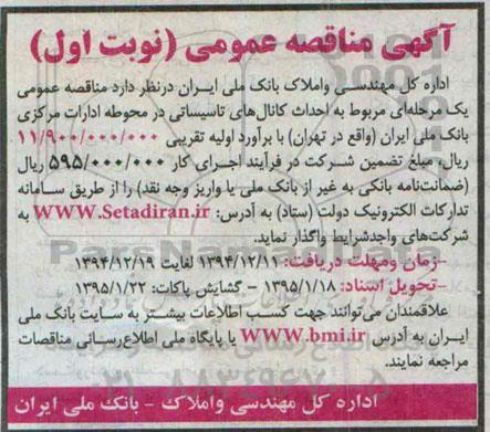 آگهی مناقصه عمومی , مناقصه احداث کانالهای تاسیساتی در محوطه ادارات مرکزی بانک ملی ایران