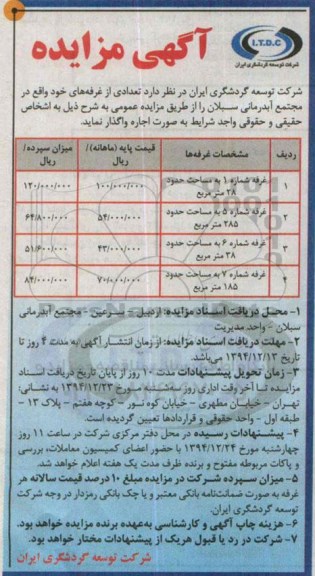مزایده , مزایده تعدادی از غرفه های خود واقع در مجتمع آبدرمانی سبلان