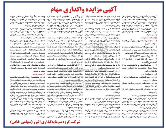 آگهی مزایده,مزایده تعداد 182.000.000 سهم شرکت داروسازی آتی فارمد