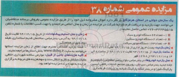 مزایده عمومی,مزایده تعداد 64 دستگاه خودرو سبک 