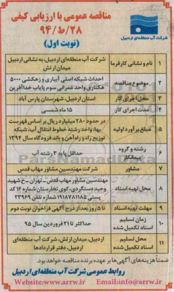 مناقصه عمومی با ارزیابی کیفی , مناقصه احداث شبکه اصلی آبیاری و زهکشی 5000 هکتاری
