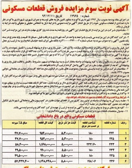 مزایده,مزایده فروش تعدادی از قطعات مسکونی نوبت سوم