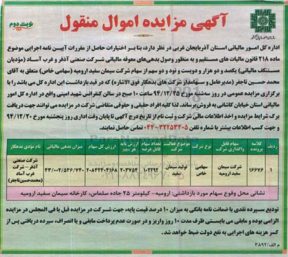 آگهی مزایده اموال منقول ،آگهی مزایده اموال منقول واگذاری شرکت سیمان سفید ارومیه نوبت دوم