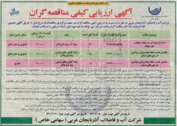 ارزیابی کیفی مناقصه گران , مناقصه اصلاح شبکه آب در نقاط مختلف 