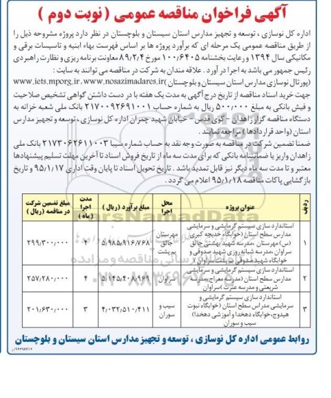 فراخوان مناقصه عمومی , فراخوان مناقصه عمومی استانداری سیستم گرمایشی و سرمایشی مدارس ....- نوبت دوم 