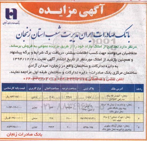 مزایده,مزایده فروش تعدادی از املاک بانک صادرات