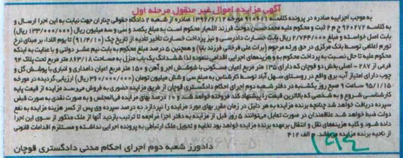 مزایده,مزایده ششدانگ یکباب منزل 135متر بخش دو قوچان 