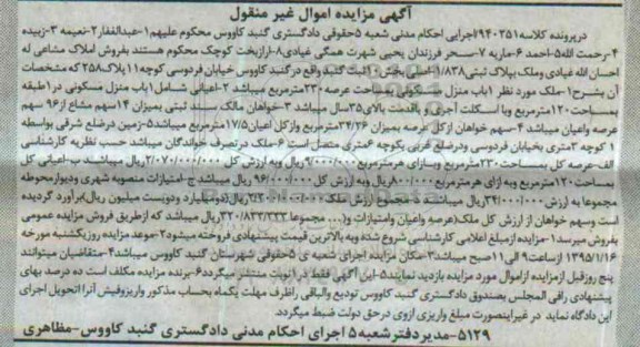 مزایده,مزایده کلاسه 940251 املاک مشاعی اموال غیرمنقول