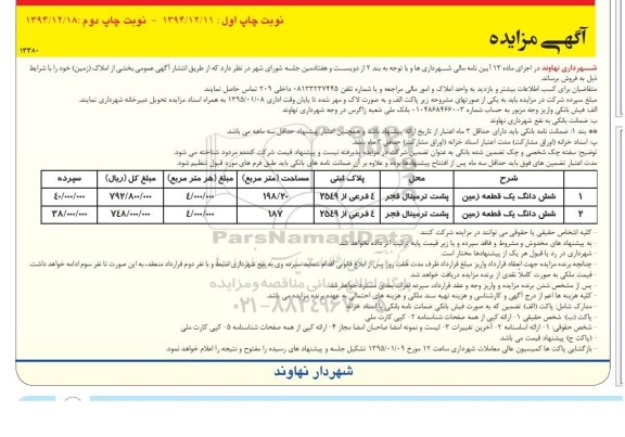 مزایده,مزایده فروشی بخشی از املاک زمین دو قطعه با مساحت 198.20و187متر نوبت دوم 