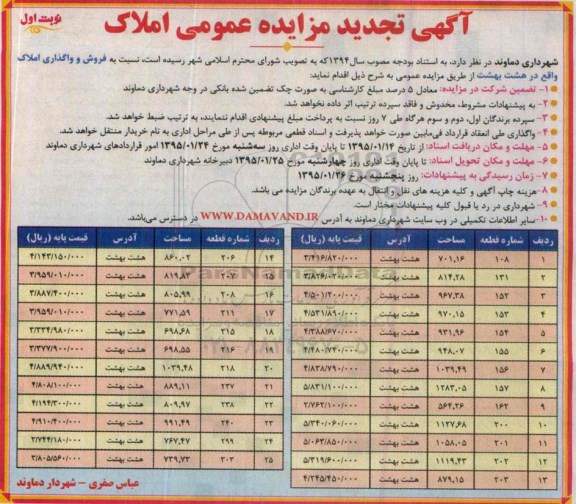 مزایده,مزایده عمومی فروش و واگذاری املاک واقع در هشت بهشت