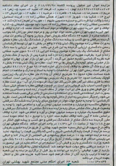 مزایده,مزایده سرقفلی و حق کسب و پیشه سه دانگ مشاع از ششدانگ مغازه