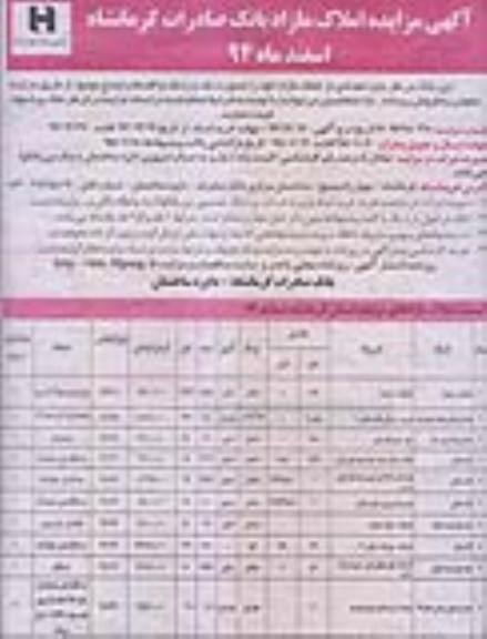 مزایده,مزایده املاک مازاد بانک صادرات کرمانشاه اسفند ماه 94