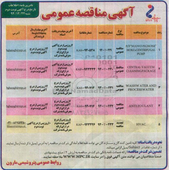 آگهی مناقصه عمومی , مناقصه خرید P/F NUOVO  PIGNONE HORZ- نوبت دوم 