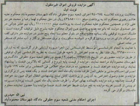 مزایده,مزایده کلاسه 940254 ملک مورد توقیفی یکباب مغازه نوبت اول