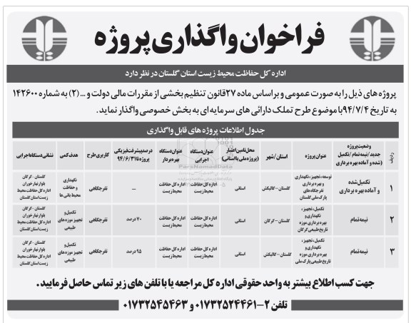 فراخوان ,مناقصه توسعه، تجهیز،نگهداری و بهره برداری تفرجگاه های پارک ملی  