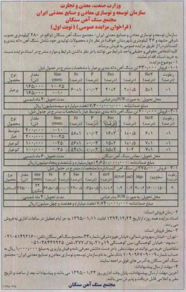 فراخوان مزایده, فراخوان مزایده سنگ آهن دانه بندی و کنستانتره