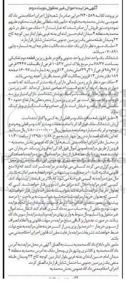 مزایده,مزایده کلاسه 940589 ملک ششدانگ یک واحد تجاری واحد جنوبی نوبت دوم