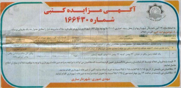 مزایده,مزایده فروش واحد تجاری شماره هجده و دوازده و یک قطعه زمین 