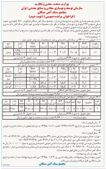 فراخوان مزایده, فراخوان مزایده سنگ آهن دانه بندی و کنستانتره نوبت دوم