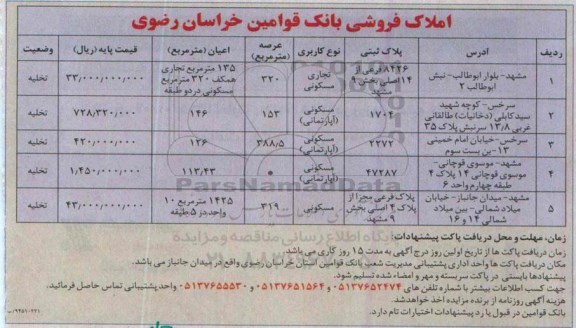 مزایده,مزایده املاک فروشی بانک قوامین خراسان رضوی