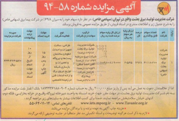 آگهی مزایده,مزایده سهام خود را به میزان 69/8%
