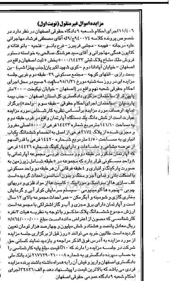مزایده,مزایده کلاسه 940074 ملک مشاع اپارتمان غرب طبقه دوم 