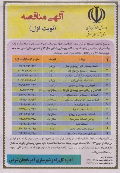 آگهی مناقصه, مناقصه بهسازی و شن ریزی و آسفالت راههای روستایی 