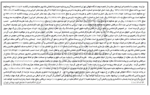 مزایده,مزایده کلاسه 930118.2 سرقفلی و کلیه حقوقی کسبی مغازه