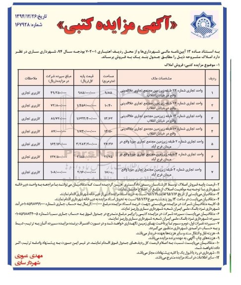 مزایده,مزایده فروش هفت واحد تجاری شماره 167928
