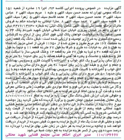 مزایده,مزایده ششدانگ زمین صد و شصت و دو متر کلاسه 94 اجرا 19