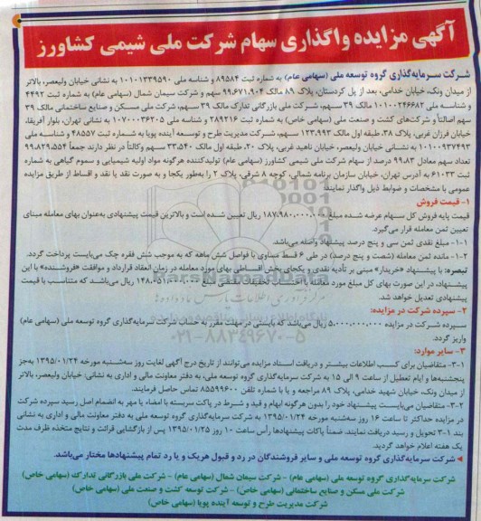 آگهی مزایده,مزایده واگذاری سهام - 95.01.14  