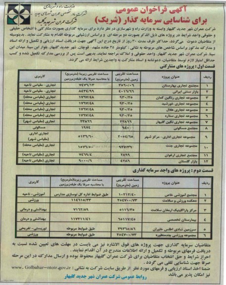 مناقصه سرمایه گذاری بصورت مشارکتی 95.1.14