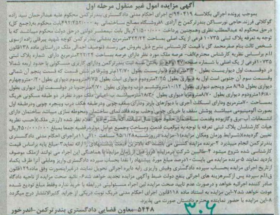 مزایده,مزایده کلاسه 940419 ملک بخش سه ثبت بندرترکمن مساحت 322.24متر مرحله اول