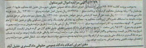 مزایده,مزایده کلاسه 940477 یک واحد منزل مسکونی اموال غیرمنقول